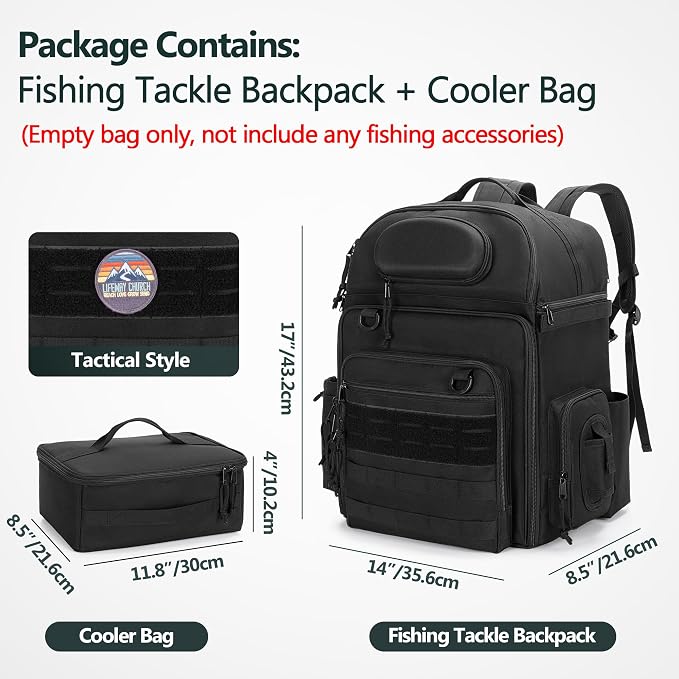 Rexmica 35L Fishing Tackle Backpack Bag with Cooler, Fishing Rod Bag Holds 2 Rods & Reels for Tackle Boxes or Other Fishing Gear, Fishing Pole Backpack, Black