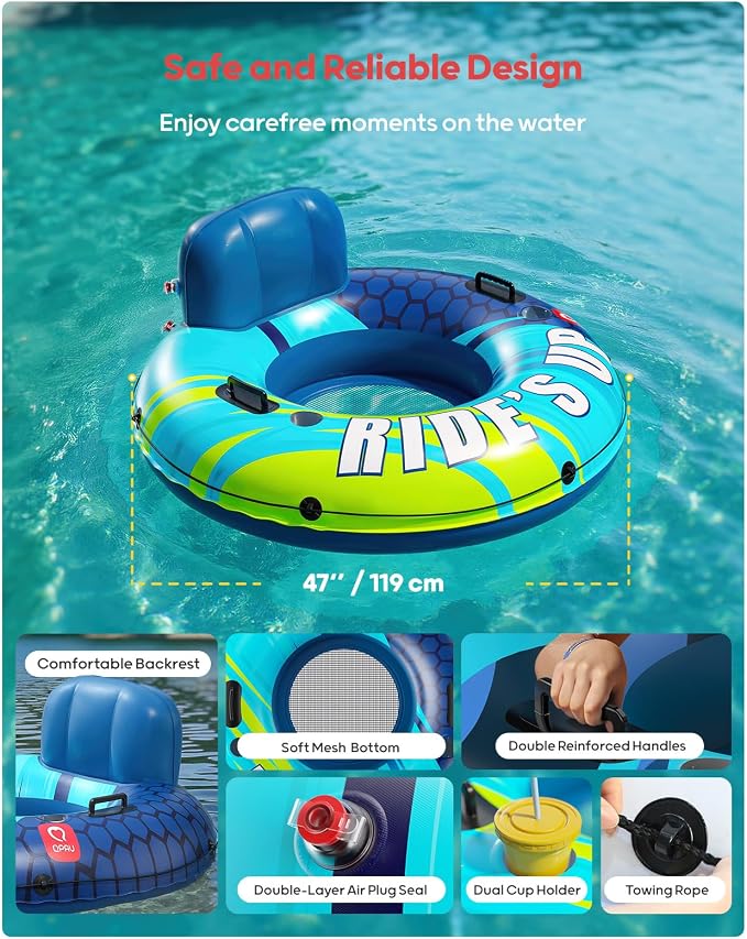 QPAU Inflatable River Tube, 0.4 mm Thickened Puncture-Resistant Heavy Duty River Float, River Raft with Ergonomic Backrest, Mesh Bottom & 2 Cup Holders for Family Friends Lake Float