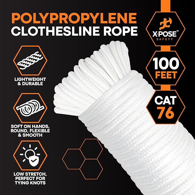 Xpose Safety Diamond Braided Clothesline Rope 6/32" x 100 ft, White Polypropylene Heavy Duty Braided Cord for Clothesline, Camping, Tents, Flagpole, Hoist, Pulley & Outdoor Use, 6 Pack