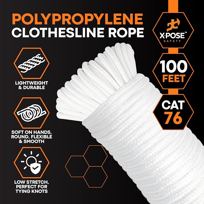 Xpose Safety Diamond Braided Clothesline Rope 6/32" x 100 ft, White Polypropylene Heavy Duty Braided Cord for Clothesline, Camping, Tents, Flagpole, Hoist, Pulley & Outdoor Use, 1 Pack