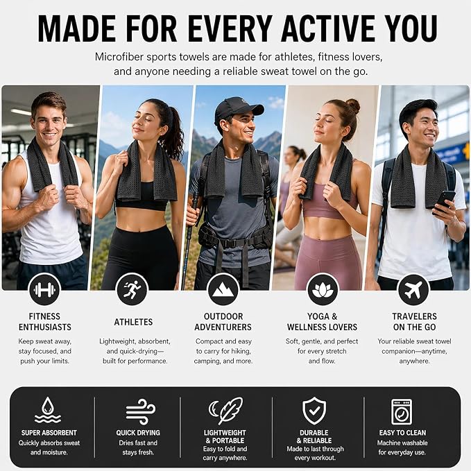 Microfiber Gym Towels for Showering Working Out Quick Dry Negative ions Large Middle Small Sizes Lightweight Gym Towel for Men Women Tennis Sports Towels for Body Hot Yoga Fitness Essentials