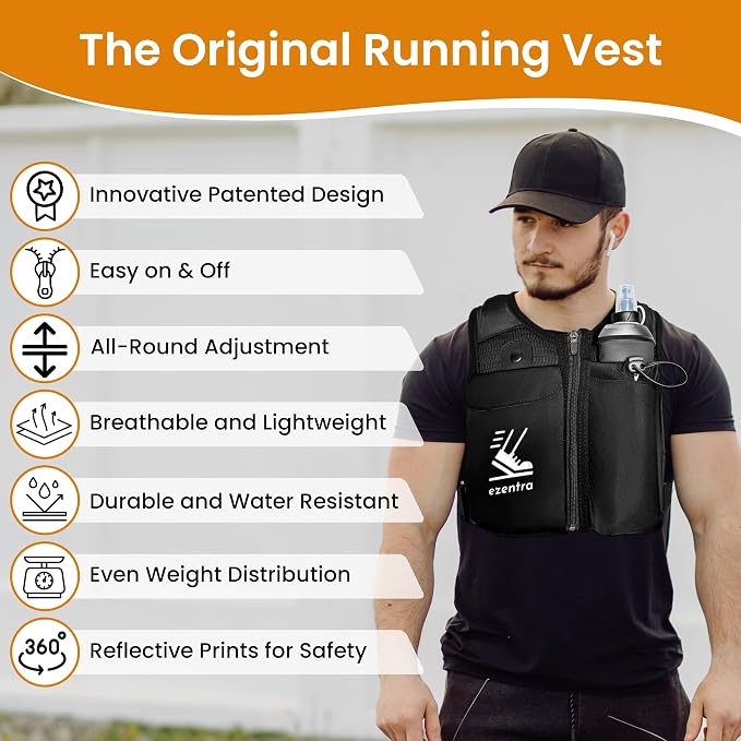 Running Vest Zip, Reflective Running Vests with 6 Pockets, 500ml Hydration Bottle, Adjustable Chest & Waistband, Breathable Material, Chest Pack Gear, Phone Holder, Men & Women