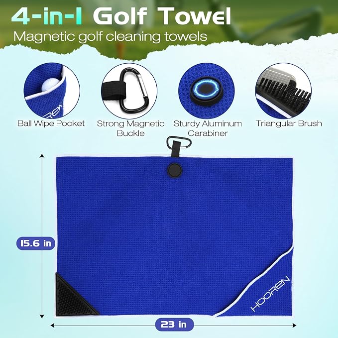 Magnetic Golf Towel with Brush & Cleaning Pocket, 4-in-1 Golf Cleaning Kit 3 Stage Cleaning System Golf Club Cleaning Kit, Microfiber Waffle Golf Accessories 15.7" X 23.6", Blue