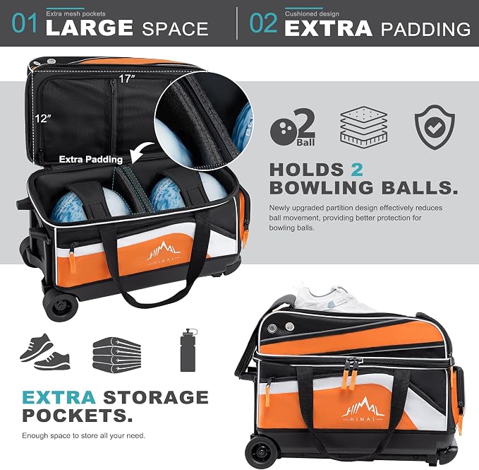 GoHimal Double Roller 2 Ball Bowling Bag with Separate Shoe Compartment for Bowling Shoes (Up To US Men Size 15) and Abundant multifunction Accessory Pocket, Upgraded fabric, Retractable Handle - Extends to 40"