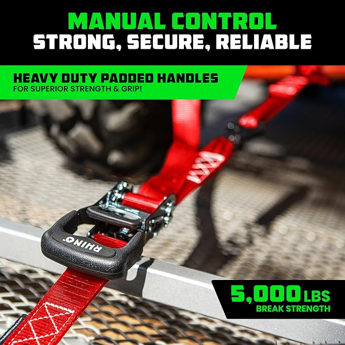 Rhino USA Ratchet Straps Heavy Duty Kit (4-Pack) - 1.6 Inch x 15 Feet Min Break Strength (5,000) - Ultimate Tie Down Straps with Safety S Hooks for Trucks, ATV, UTV, Motorcycle, Cargo & More - Red