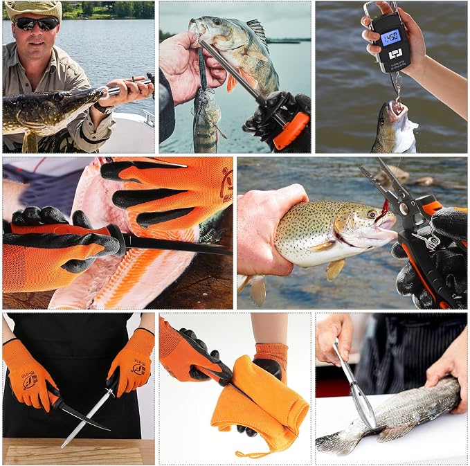 RoundFunny 14 Pcs Fishing Tool Kit, Fillet Knife, Fishing Pliers with Lanyard, Digital Scale, Lip Gripper, Hook Remover Fish Scaler Braid Scissors Gloves Sharpening Rod Retractor Towel Bag