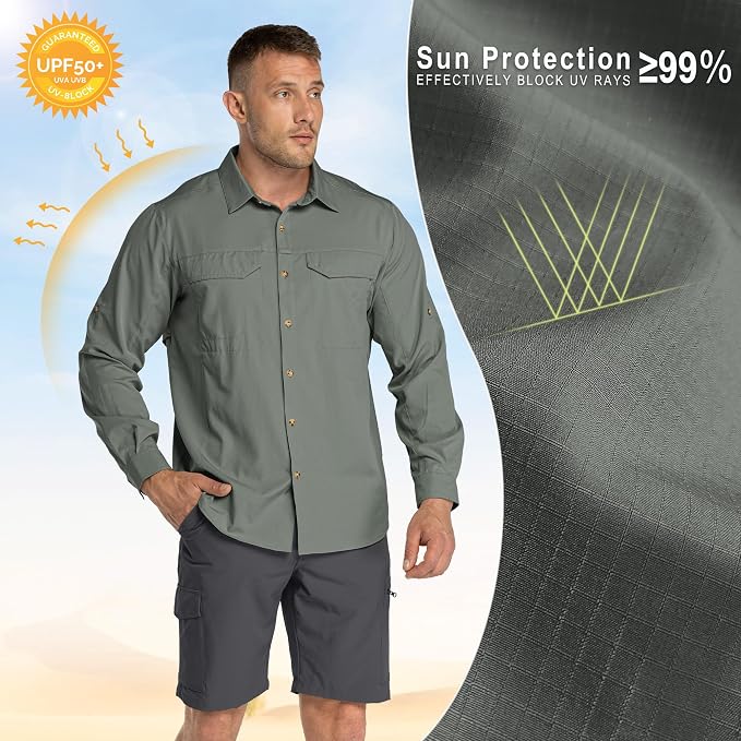 33,000ft Men's Long Sleeve Hiking Shirts Lightweight Quick Dry Sun Protection UV UPF 50 Fishing Shirt Outdoor Safari Travel