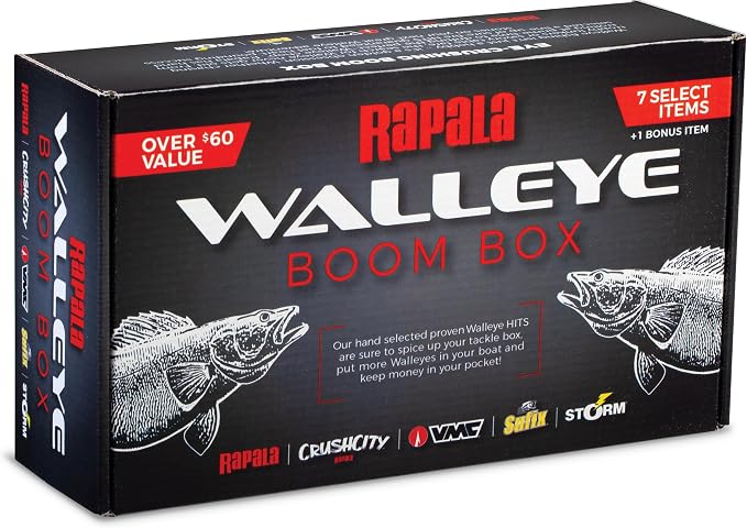 Rapala Walleye Boom Box, Walleye Fishing Kit, 7 Curated Baits,1 Bonus | Mystery tackle assortment, proven fish-catching presentations, seasonal selections, gift for anglers