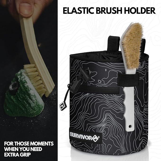 Chalk Bag + Refillable Chalk Ball - Iconic Topographical Map, Draw String Closure, 2 Zippered Pockets, & Brush Holder - Climbing Chalk Bag for Rock Climbing, Bouldering, Weightlifting, Gymnastics