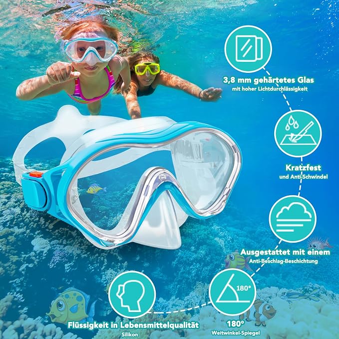 Snorkeling Gear for Kids with Foldable Silicone Full Dry Snorkel, Kids Snorkel Set Anti Leak Youth Junior Snorkeling Package Diving Mask Soft Tube with Mesh Bag Scuba Swimming Goggles
