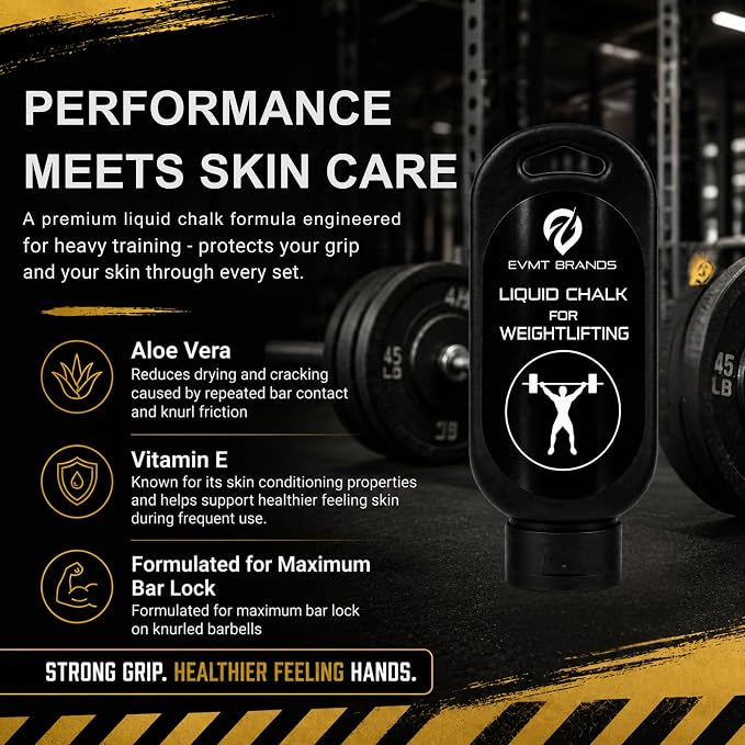 EVMT Brands Liquid Chalk, Mess Free Gym Chalk for Weightlifting, Gymnastics, Rock Climbing, Dancing. Sweat Resistant and Long Lasting for Stronger Grip.