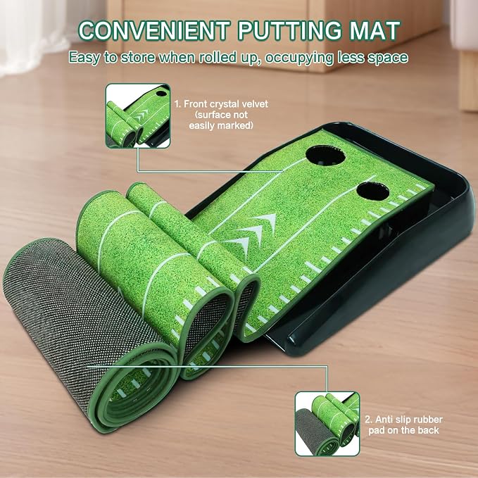 Losbenco Putting Green Indoor Golf Set with Putter & 6 Balls, Portable Golf Putting Practice Mat with Auto Ball Return System Suitable for Office, Backyard, Patio, Golf Gift for Men