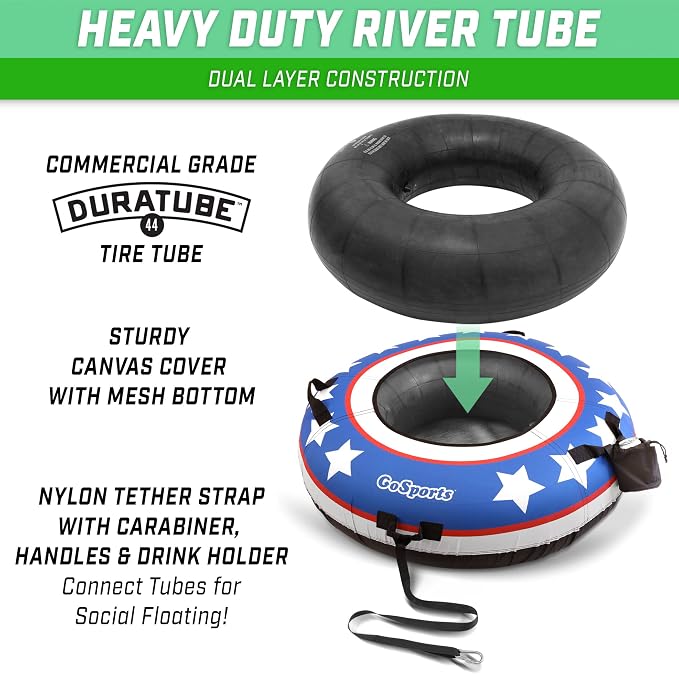 GoSports 44 Inch Heavy-Duty River Tube with Premium Canvas Cover - Commercial Grade River Tube - Stars & Stripes