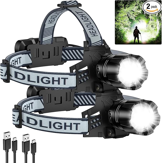 2Pack Headlamp Rechargeable, 99000 LM Super Bright LED Head Lamp with 3 Modes, 90° Adjustable Head Lights for Forehead, 20+Hrs Runtime & IPX6 Waterproof HeadLamps for Camping Running