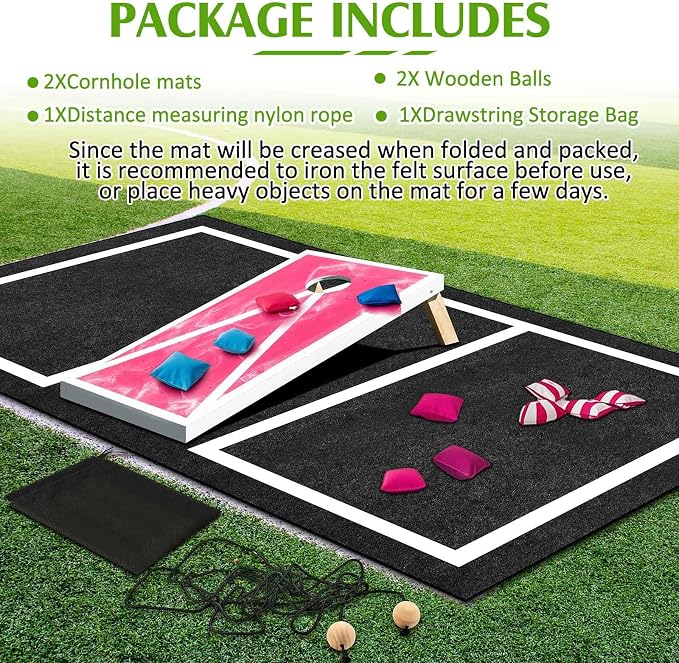 RoundFunny 2 Pcs Cornhole Mats Set 60x96 Professional Cornhole Pitch Pad, Range Finder Tool Set, Non-Slip Board Game Mats for Under Boards Keep Tossing Bags Clean and Secure Footing