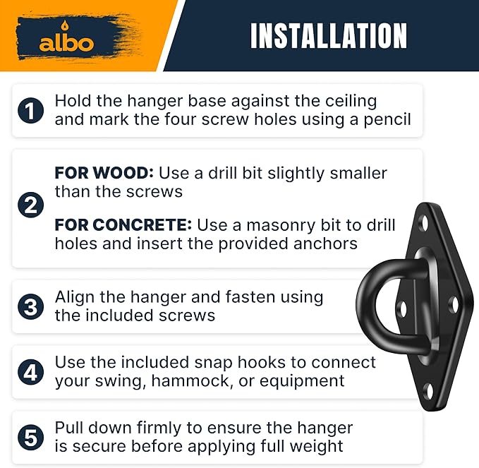 Albo Diamond Plate 2650lbs Swing Hangers 4 PCS - Heavy Duty Ceiling Mount Hooks with Snap Carabiners, 304 Stainless Steel for Wood & Concrete & Metal, Indoor Outdoor Anchor for Hammock, Yoga, TRX