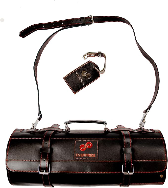 EVERPRIDE Black Leather with Gorgeous Red Trim, Professional Chef Knife Roll and Bag for Knives. Premium Leather Bag, Sturdy Construction, Luxury Collection.