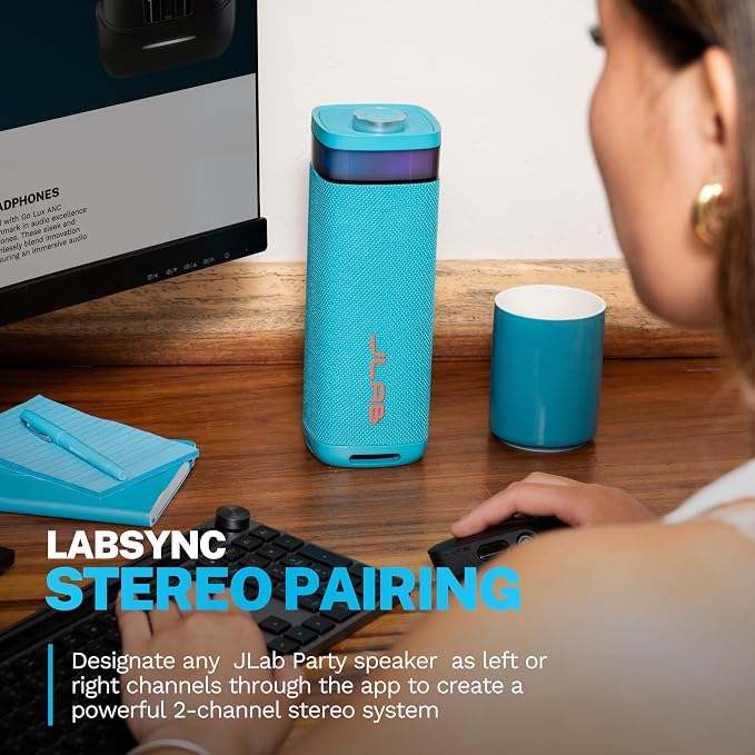 JLab, JBuds Party, Portable Bluetooth Speaker, Waterproof Outdoor Speaker, RGB Lighting, Multi-Speaker Connect, Cyan