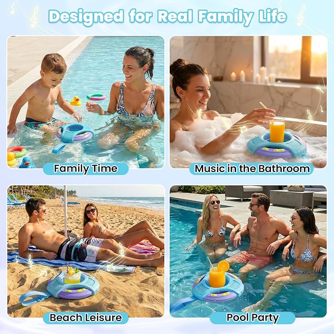 Mambobaby Floating Bluetooth Speaker with Collapsible Cup Holder, IPX7 Waterproof Shower Speaker with 360° Sound & LED Lights, Pool, with Versatile Hanging Strap, Great Gift for All Ages(Blue Purple)