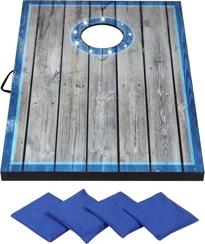 Hathaway Atlantic LED Cornhole Board Set – Includes 8 Rip-Resistant Bean Toss Bags & 2 Target Boards with Built-in Cornhole Lights & Nylon Carrying Bag for Portability – Blue/White