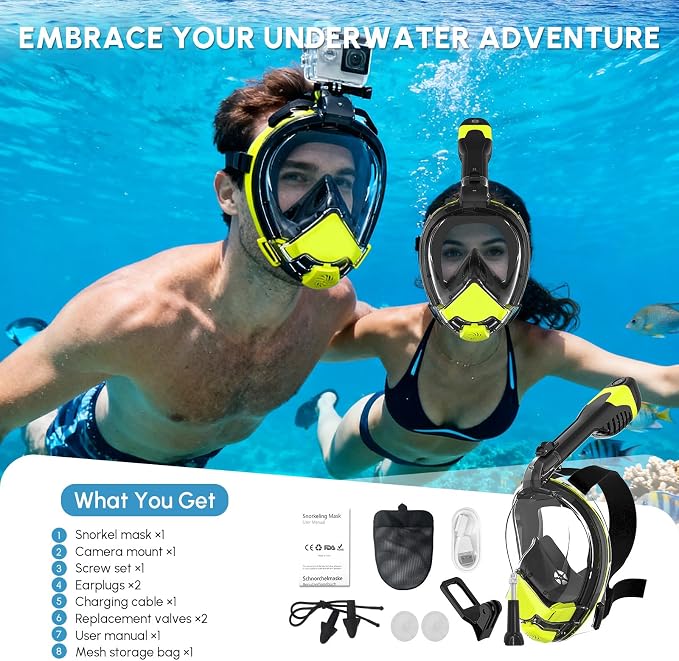Yosmer Electric Full Face Snorkel Mask for Adults, Fan-Assisted Snorkeling Mask with Dry Top System, 180° Panoramic View, Anti-Fog Design, Foldable Travel Snorkel Gear