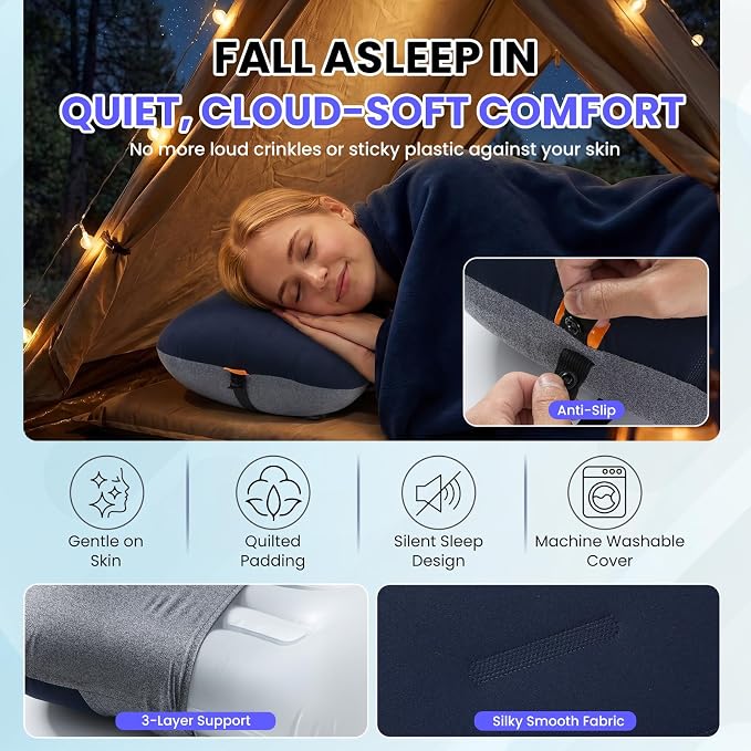 Inflatable Camping Pillow - Ultralight Compact Air Pillow for Travel, Backpacking & Hiking - Ergonomic Neck & Lumbar Support - Portable Inflatable Pillow with Removable Washable Cover - (Navy Blue)