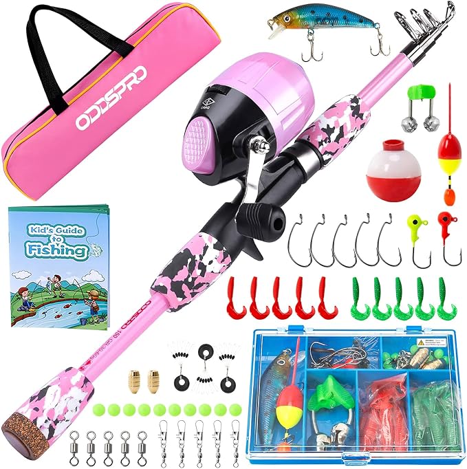 ODDSPRO Kids Fishing Pole - Portable Telescopic Kids Fishing Rod and Reel Combo Kit - with Spincast Fishing Reel Tackle Box for Girls, Youth