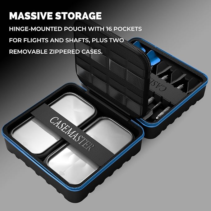 Casemaster Maxx 3 Dart Case, Holds 9 Steel Tip or Soft Tip Darts Fully Assembled, Hard Shell EVA Darts Case, 16 Accessory Pockets, Blue