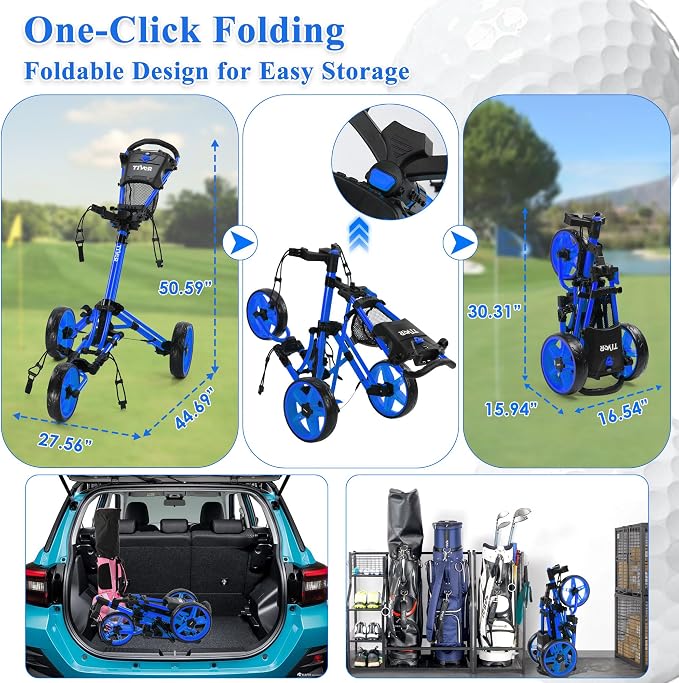 Tivor Lightweight Golf Push cart 3 Wheel,Foldable Golf Trolley for Adults and Junior with Ergonomic Adjustable Handle, Scorecard Holder, Umbrella Mount, Foot Brake, All-Terrain Wheels