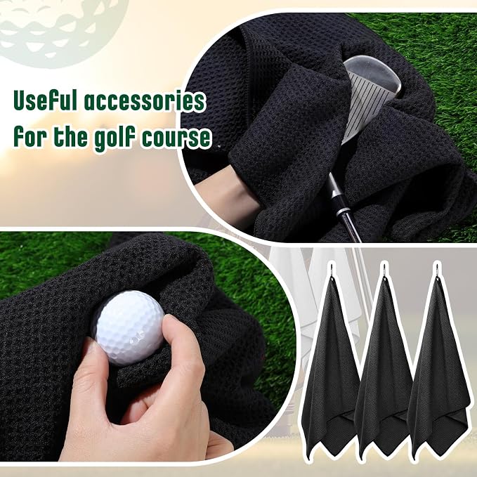 Batiyeer 3 Pack Caddy Golf Towels Summer Gifts Large Caddy Towel for Bags Waffle Pattern with Carabiner Clip Ultra-Absorbent Golfing Gear for Men(Black,18 x 40 Inch,Classic)