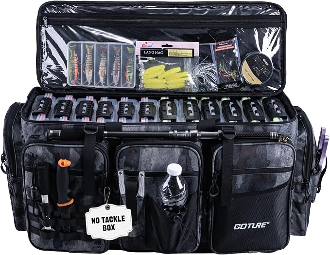 Goture Large Tackle Bag,Water Resistant Saltwater Gear Storage Big Fishing Bag with EVA Bottom,Store Up to 12PCS 3700 Plus 5PCS 3600 Tackle Trays(Not Included),Gifts for Men(26.38"x15.35"x11.42")