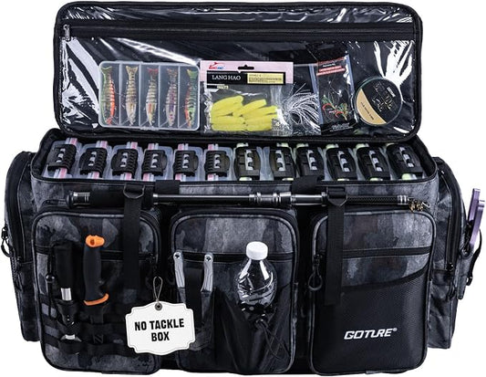 Goture Large Tackle Bag,Water Resistant Saltwater Gear Storage Big Fishing Bag with EVA Bottom,Store Up to 12PCS 3700 Plus 5PCS 3600 Tackle Trays(Not Included),Gifts for Men(26.38"x15.35"x11.42")