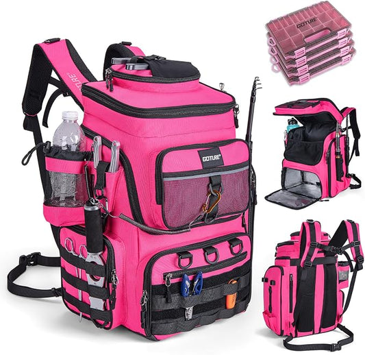 Goture Fishing Backpack with 4 Tackle Boxes, 900D Water-Resistant Tackle Backpack with Rod Holders,Insulated Cooler Compartment, 55L Large Capacity Fishing Gear Storage Bag for Saltwater & Freshwater