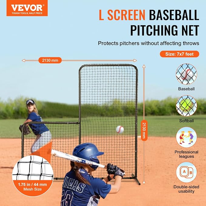VEVOR Batting Screen - Baseball & Softball Protector with Carry Bag & Ground Stakes, Pitching Net for Pitchers Protection