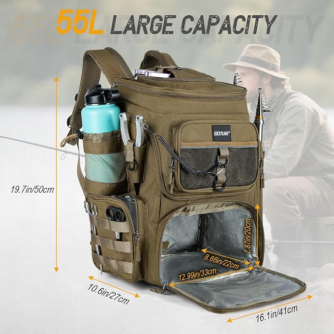 Goture Fishing Backpack, 900D Water-Resistant Tackle Bag with Rod Holders, Insulated Cooler Compartment, 55L Large Capacity Fishing Gear Storage for Saltwater&Freshwater Camping Hiking,Gifts for Men
