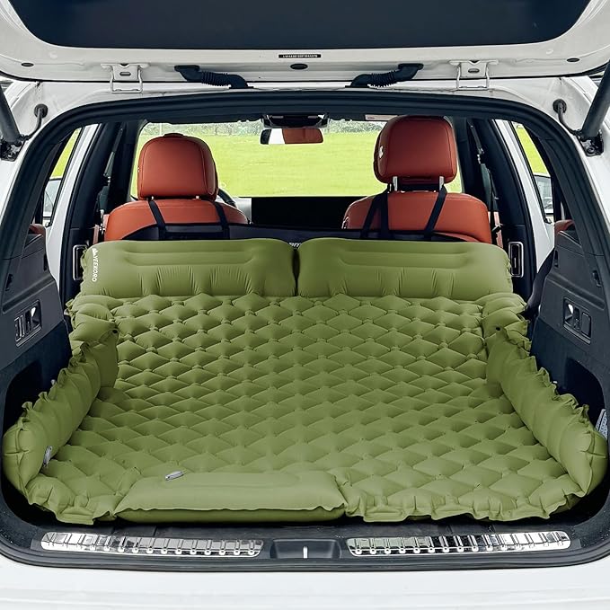 Inflatable Car Air Mattress, SUV Air Mattress for Travel Camping, Ultralight Camping Bed with Pillow and Built-in Foot Pump, Portable Sleeping Pad for SUV -Green