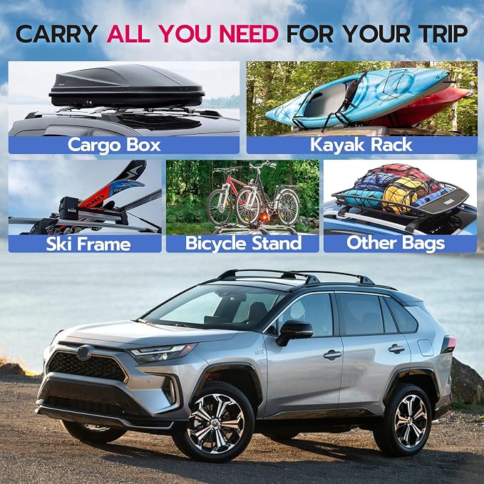 165lbs Roof Rack Cross Bars Compatible with Toyota RAV4 2019 2020 2021 2022 2023 2024 2025, Aluminum Crossbars Rooftop Cargo Bars Kayak Bike Luggage Snowboard Carrier