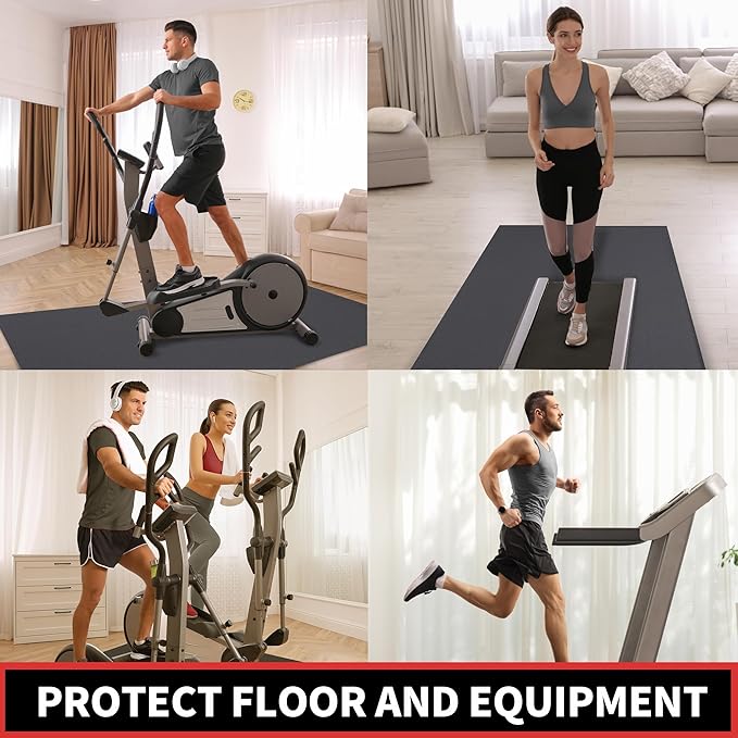 Treadmill Mat, 7'x3'/6'x3'/6'x2.5'/5.6'x2'/4'x2', 6mm Thick Exercise Equipment Gym Mat for Hardwood FloorCarpet, Compatible with Peloton Bike, Indoor Spin Bike, Elliptical