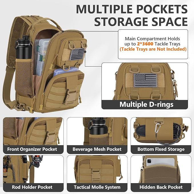 GMAK Fishing Backpack Tackle Sling Bag, Tactical Fishing Tackle Backpack with Rod & Gear Holder, Lightweight Outdoor Water-Resistant Tackle Gear Pack Shoulder Bags for Men Women, Khaki