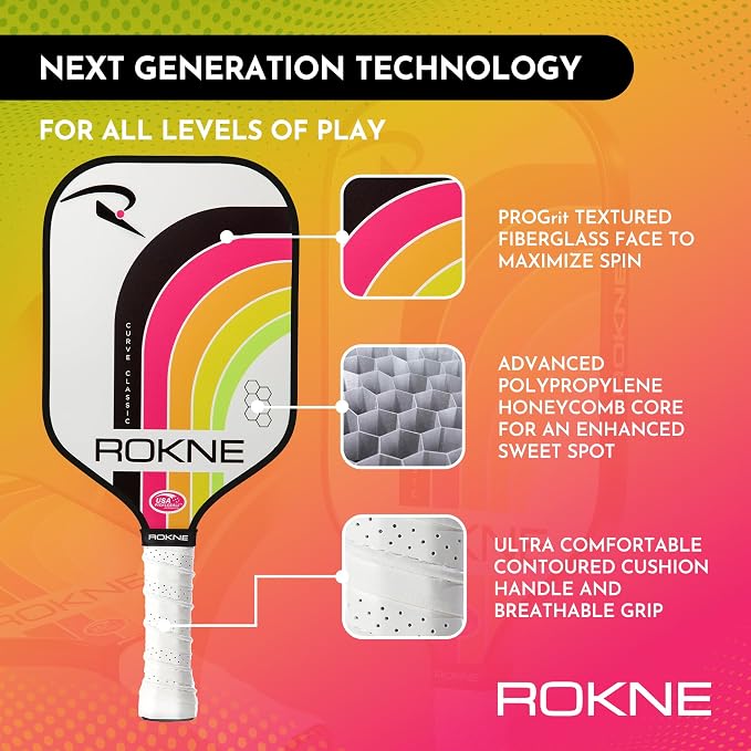 ROKNE Curve Classic Pickleball Paddle | USAPA Approved Fiberglass Pickleball Paddles | Precision Engineering & Comfort | ProGrit Texture for Max Spin & Power | Paddle