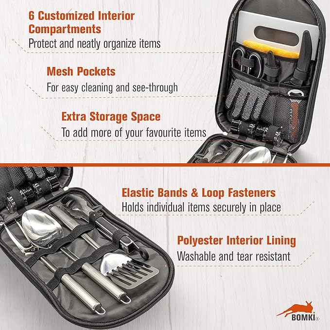 BOMKI Grilling and Camping Cooking Utensils Set for The Outdoors BBQ - Camping Utensil Set Camping Kitchen Set Cookware Accessories with Case Camping Essentials Camping Stuff Camp Cooking Set