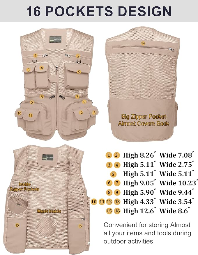 Flygo Men's Fishing Vest Utility Lightweight Outdoor Travel Safari Photo Cargo Vest with 16 Pockets