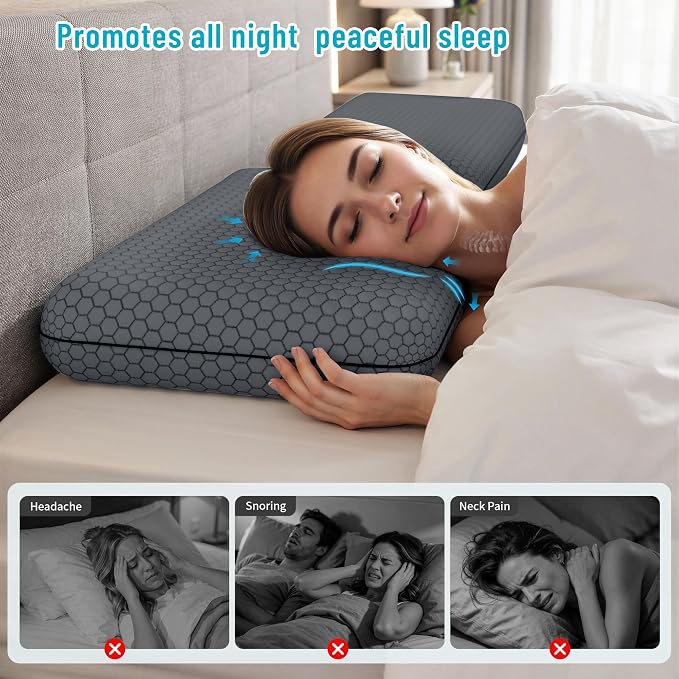 CushyOasis Memory Foam Pillows for Side, Back and Stomach Sleepers, Set of 2, Bed Pillow with Washable Cover and Breathable Mesh, Bed Pillow for Sleeping (Dark Grey，Queen Size)