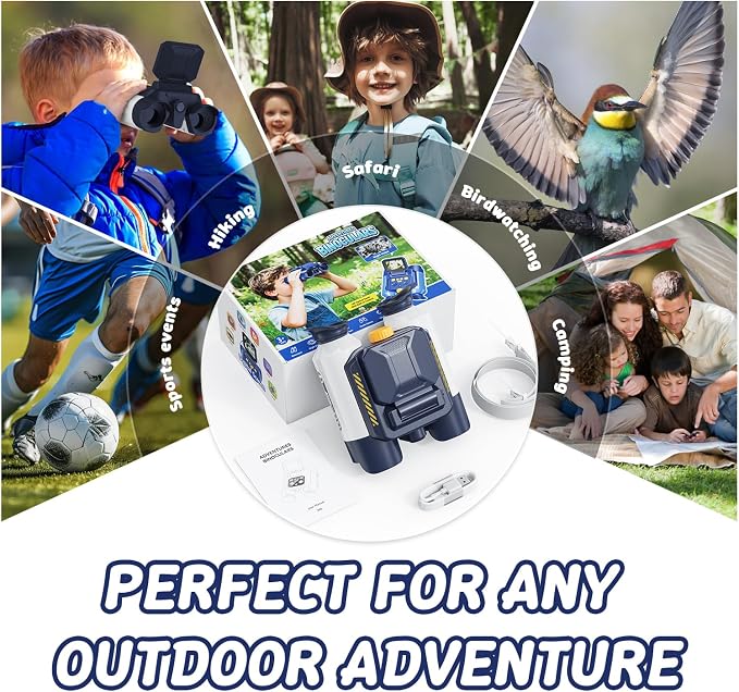 Binoculars for Kids with Night Vision, 2.4" HD Screen & 10X Zoom for Photo and Video - Outdoor Adventure Binoculars Bird Watching, Camping, Hiking, Gifts for Kids Ages 4+ (White)