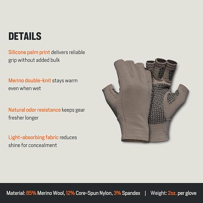 First Lite Rugged Wool Half Finger Glove | Merino Wool Fingerless Hunting Gloves for Men | Silicone Grip Palm for Shooting Dexterity