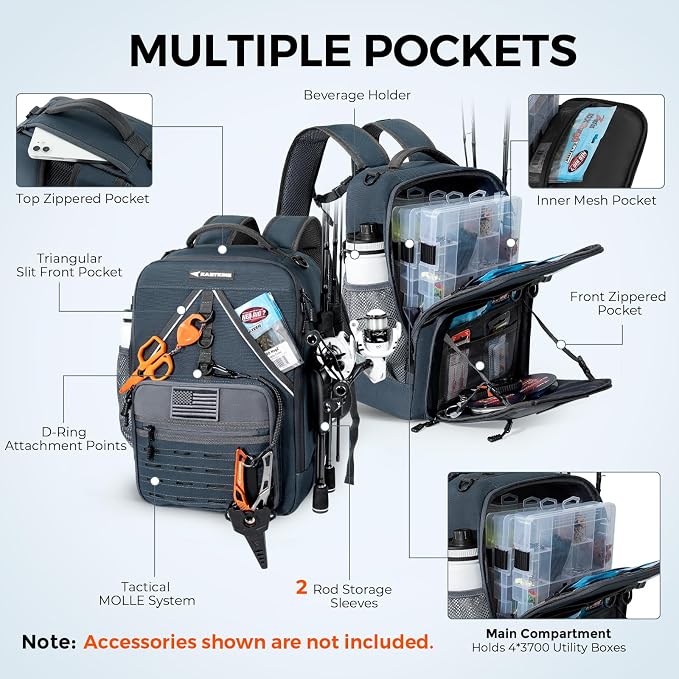 KastKing KarryAll KastMate Fishing Tackle Backpack,Water-Resistant Tackle Bag With 2 Rod Holders,Fishing Gear and Equipment With Large Gear Storage,Dark Gray