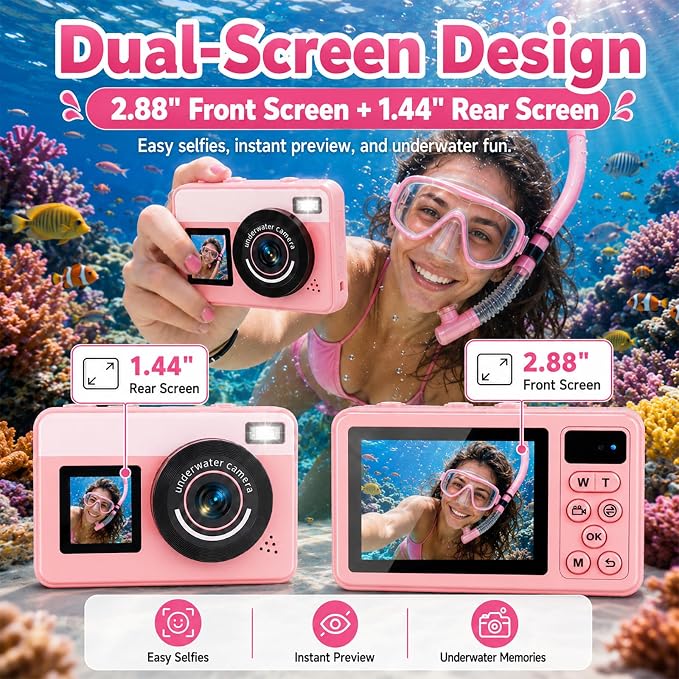 Maxmango D70 Underwater Camera, 10FT Waterproof Digital Camera for Pool & Beach, 4K 48MP Teens Underwater Cam with Dual Screens, Autofocus, 18X Zoom, Floating Camera for Boys Girls Pink(16GB)