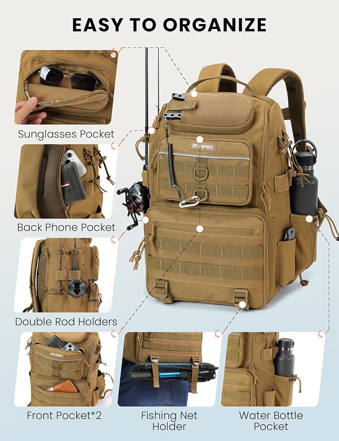 SKYSPER Tackle Backpack Fishing Bags with Rod Holder, 40L Water-Resistant Tackle Box Storage Bag for Fishing Gear Lures(Khaki)