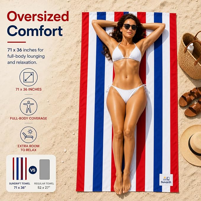Oversized Microfiber Beach Towel 71x36 Inch, Quick Dry Sand Free Travel Towel, Lightweight Sueded Beach Blanket for Pool, Camping, Yoga & Beach Trips (Red/White/Blue)