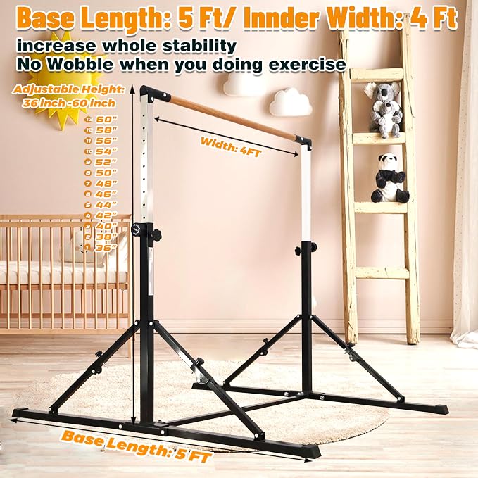 MARFULA 4FT/5FT Gymnastic Bar Set Gymnastics Kip Bar with 5 Ft Length 4Ft Inner Width 5ft Adjust Height Gymnastics Training Bar Equipment for Kids Professional Training Home and Club Use